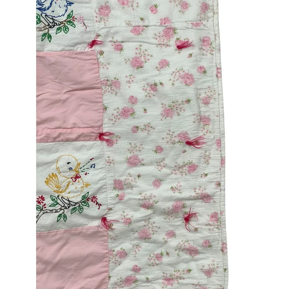 Vintage‎ Baby Quilt Pink Floral Embroidered Song Birds Cottagecore Nursery 32x43